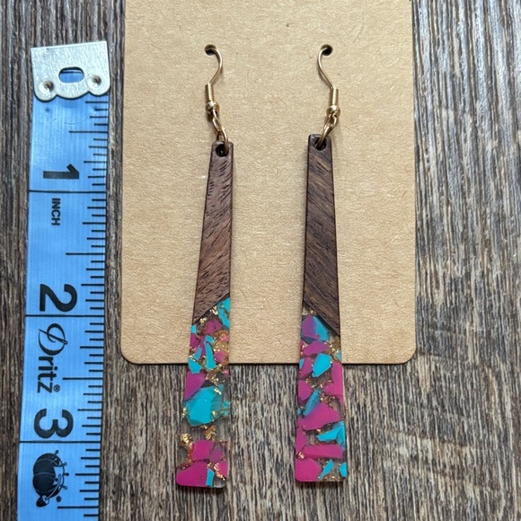 Wood and Resin Multicolor Dangle Earrings - Picture 3 of 6